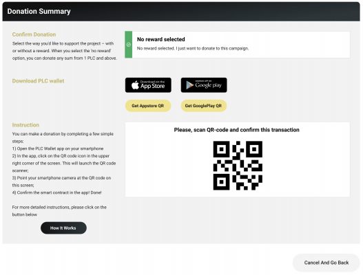 How it works — creating a wallet, buying PLC, making donations